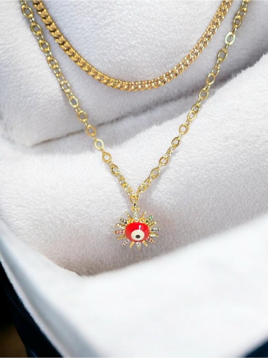 Jewelry - Gold Double Layered Necklace with Red Evil Eye Sun Pendant